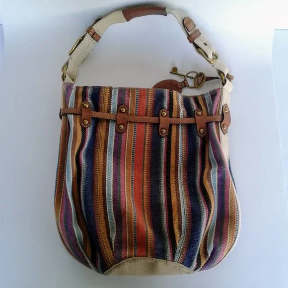 Fossil  Striped Women's Brown Canvas Shoulder Bag Leather Accents Handbag Medium - Picture 3 of 12